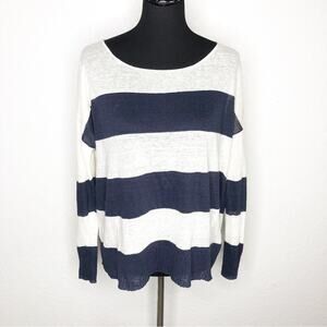 Nili Lotan cream navy blue striped linen lightweight sweater knit top Medium